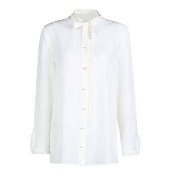 Pre Owned Gucci Off White Silk Pearl Logo Button Front Bow Tie Detail Blouse M