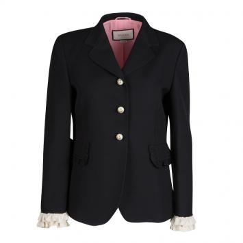Pre Owned Gucci Black Silk Wool Ruffled Cuff Detail Blazer M
