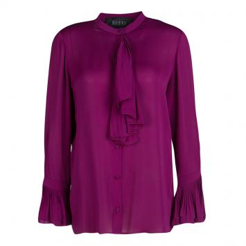 Pre Owned Gucci Purple Plisse Ruffle Detail Long Sleeve Silk Blouse S