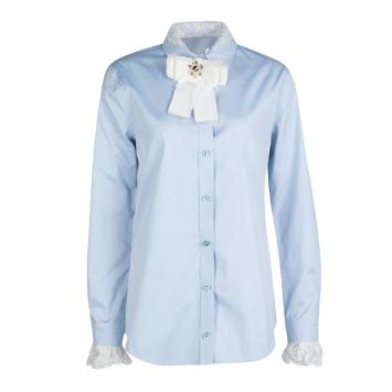 Pre Owned Gucci Blue Cotton Contrast Lace Trim Embellished Bow Detail Oxford Shirt M