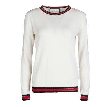 Pre Owned Gucci Cream Wool Lurex Web Trim Long Sleeve Crew Neck Sweater L