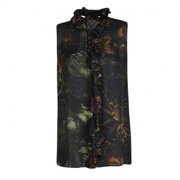 Pre Owned Gucci Black Floral Print Ruffle Detail Sleeveless Silk Blouse M