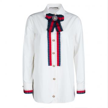 Pre Owned Gucci Magnolia White Cotton Poplin Sylvie Web Trim Brooch Detail Shirt M