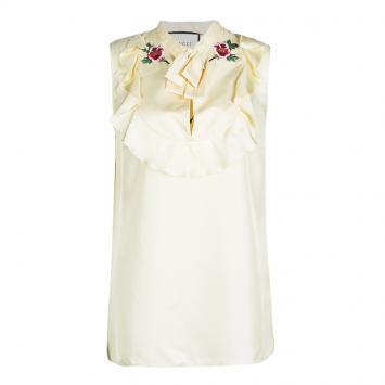 Pre Owned Gucci Cream Silk Floral Embroidered Bow Detail Sleeveless Blouse M