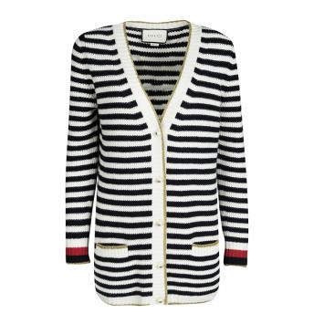 Pre Owned Gucci Monochrome Striped Lurex Trim Detail Cashmere and Wool Cardigan S