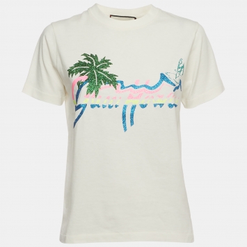 Pre Owned Gucci White Printed Cotton Short Sleeve T-Shirt XXS 