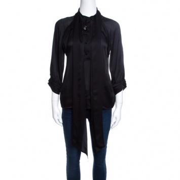 Pre Owned Gucci Black Silk Neck Tie Long Sleeve Blouse M
