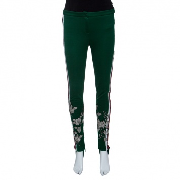 Pre Owned Gucci Green Side Stripe Detail Floral Embroidered Kelly Stirrup Track Pants S