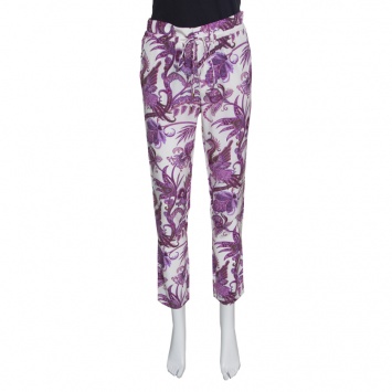 Pre Owned Gucci White and Purple Peacock and Floral Printed Silk Pants S