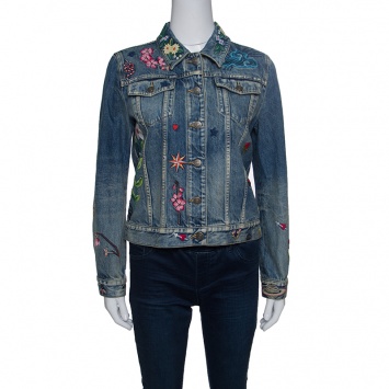 Pre Owned Gucci Blue Faded Effect Embroidered Denim Jacket M