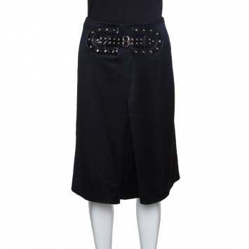 Pre Owned Gucci Black Wool Faux Belt Detail Inverted Pleat Front Skirt S