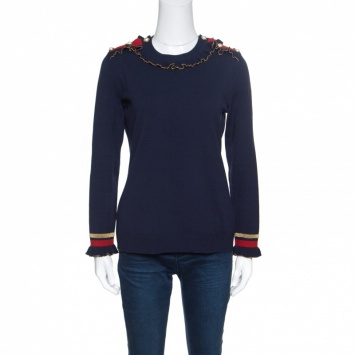 Pre Owned Gucci Navy Blue Wool Ruffled Lurex Trim Buttoned Shoulder Sweater M