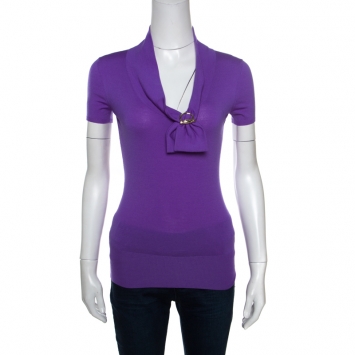 Pre Owned Gucci Purple Wool Horsebit Metal Detail V Neck Sweater Top S