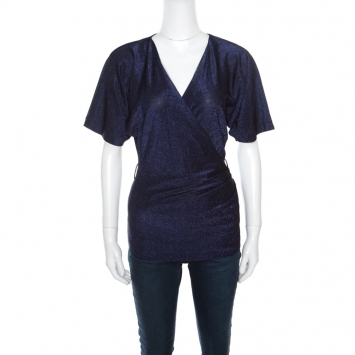 Pre Owned Gucci Purple Lurex Knit Faux Wrap Front Plunge Neck Top S