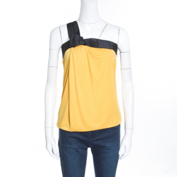 Pre Owned Gucci Yellow and Black Draped One Shoulder Top S