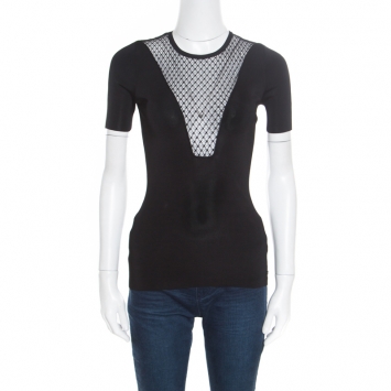 Pre Owned Gucci Black Mesh Insert Ribbed Knit Short Sleeve Top XS