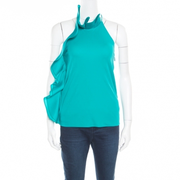 Pre Owned Gucci Emerald Green Jersey Knit Ruffle Detail Halter Top XS