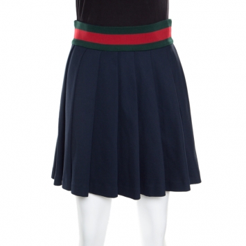 Pre Owned Gucci Navy Blue Knit Web Trim Waist Detail Pleated Skirt XS