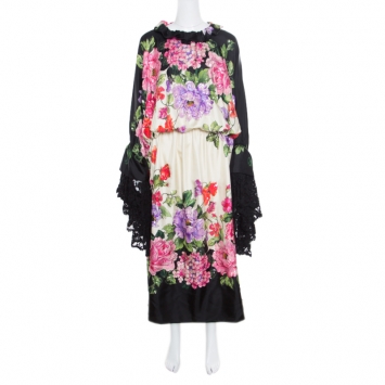 Pre Owned Gucci Beige Floral Printed Silk Sequin Embellished Detail Ruffled Neck Maxi Dress M