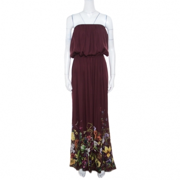 Pre Owned Gucci Burgundy Floral Printed Silk Tie Detail Strapless Maxi Dress M