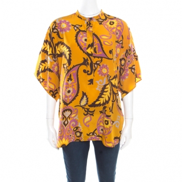 Pre Owned Gucci Ochre Yellow Paisley Printed Silk Dolman Sleeve Boxy Blouse M