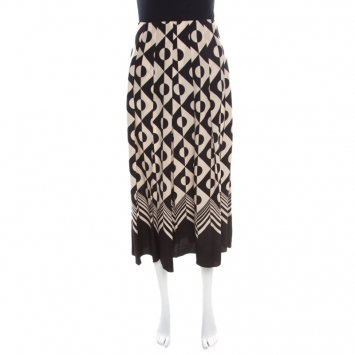 Pre Owned Gucci Monochrome Geometric Pattern Printed Silk Crepe de Chine Midi Skirt M