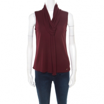 Pre Owned Gucci Burgundy Jersey Draped Neck Detail Sleeveless Top XS