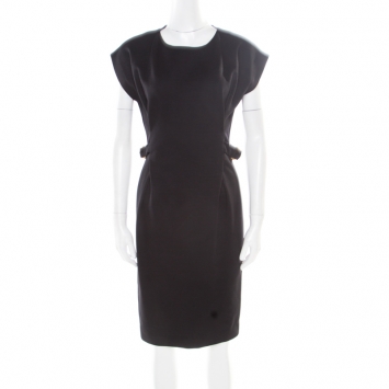 Pre Owned Gucci Black Textured Wool Blend Horsebit Buckled Waist Detail Dress S