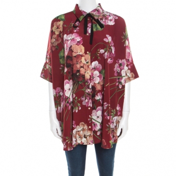 Pre Owned Gucci Maroon Cerise Blooms Printed Silk Crepe de Chine Boxy Blouse M