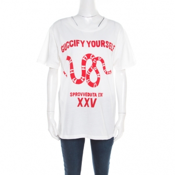 Pre Owned Gucci White Guccify Yourself Print Cotton Crew Neck T- Shirt XS