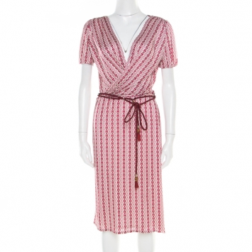 Pre Owned Gucci Off White and Burgundy Chain Printed Plunge Neck Belted Wrap Dress S
