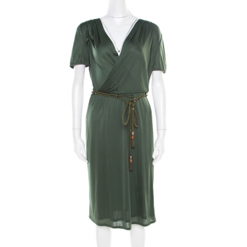 Pre Owned Gucci Forest Green Plunge Neck Belted Wrap Dress M