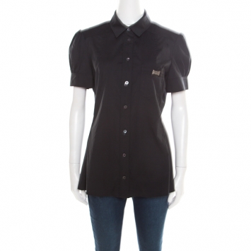 Pre Owned Gucci Black Cotton Bow Brooch Detail Short Sleeve Shirt L