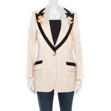 Pre Owned Gucci Cream Wool Contrast Velvet Trim Floral Applique Blazer M