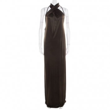 Pre Owned Gucci Olive Green Embellished Halter Backless Gown M
