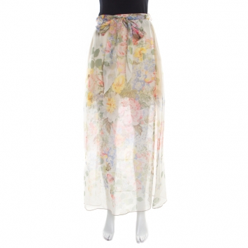 Pre Owned Gucci Floral Printed Sheer Silk Lace Underlay Belted Maxi Skirt S