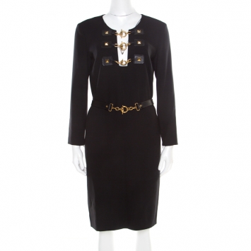 Pre Owned Gucci Black Wool Toggle Detail Long Sleeve Belted Dress M