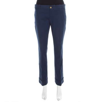 Pre Owned Gucci Blue Cotton Logo Button Detail Tailored Trousers M