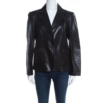Pre Owned Gucci Black Leather Tailored Two Button Blazer L