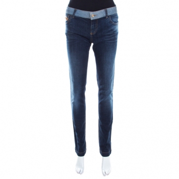 Pre Owned Gucci Indigo Faded Effect Denim Leather Horsebit Detail Tapered Jeans M