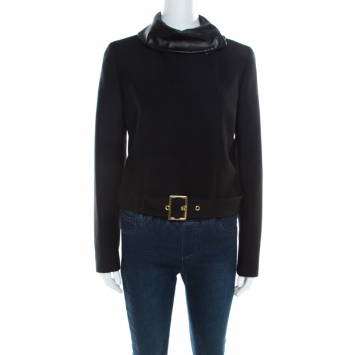Pre Owned Gucci Black Wool Leather Collar Detail Double Breasted Jacket M