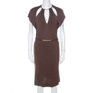 Pre Owned Gucci Walnut Brown Crepe Knit Cut Out Choker Neck Sheath Dress M