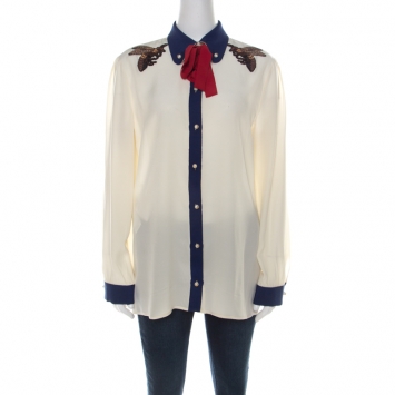 Pre Owned Gucci Cream Crepe Silk Bee Applique Detail Button Down Bow Tie Shirt L