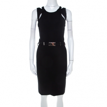 Pre Owned Gucci Black Cut Out Detail Belted Sheath Dress S