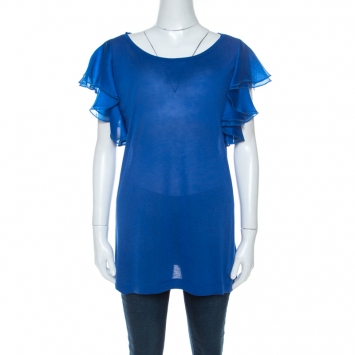 Pre Owned Gucci Blue Jersey and Silk Ruffled Sleeve Top S