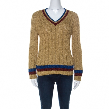 Pre Owned Gucci Gold Tinsel Web Stripe Detail Pullover S