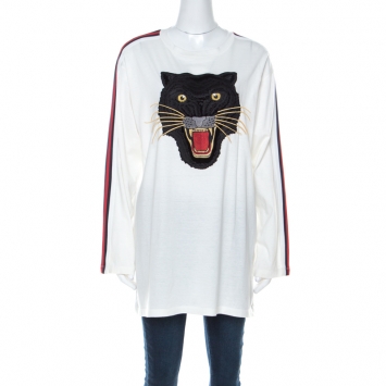 Pre Owned Gucci Ivory White Panther Embroidery Full Sleeve Oversized T- Shirt XS