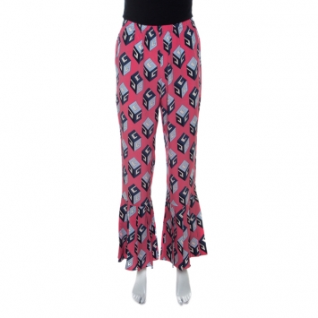 Pre Owned Gucci Pink Cube Print Silk Pleated Flare Hem Trousers S