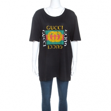 Pre Owned Gucci Black Washed Out Logo Cotton Oversized T-shirt M