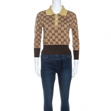 Pre Owned Gucci Beige Monogram Pattern Metallic Knit Collar Sweater S
